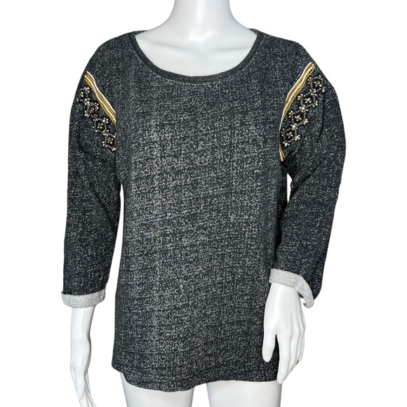 Sanctuary Sweatshirt Womens Medium Black Gray Beaded Rolled Sleeve Updated Basic - Picture 1 of 7